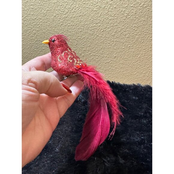 Vintage Red Glitter Bird Ornament Clip-On With Feathers & Decorative Detailing - Picture 6 of 7